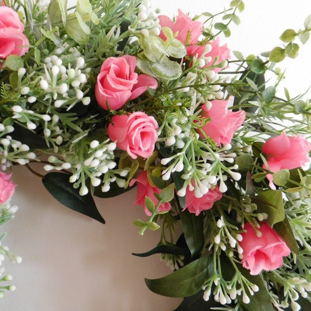 Dusty Miller Rosebud Spring Summer‎ Wreath for Front Door Eucalyptus Pink Roses